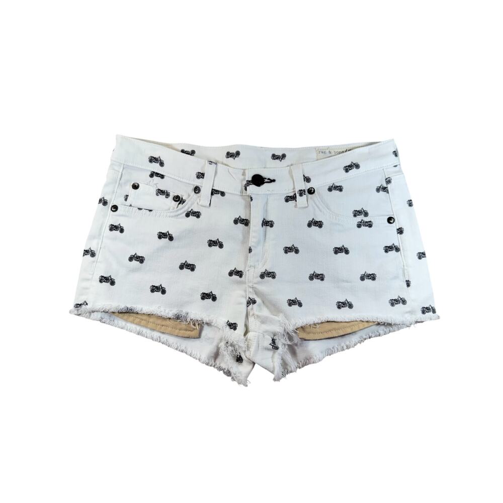 Rag & Bone White Motorcycle Bike Print Cutoff Denim Shorts Size 26 EUC